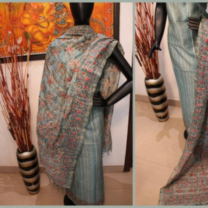 Semi geecha tussar silk top with kantha embroidery on madhubani print and dupatta with full kantha work on madhubani print and bottom