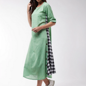 Green Chambray Dress With Black Check Panel